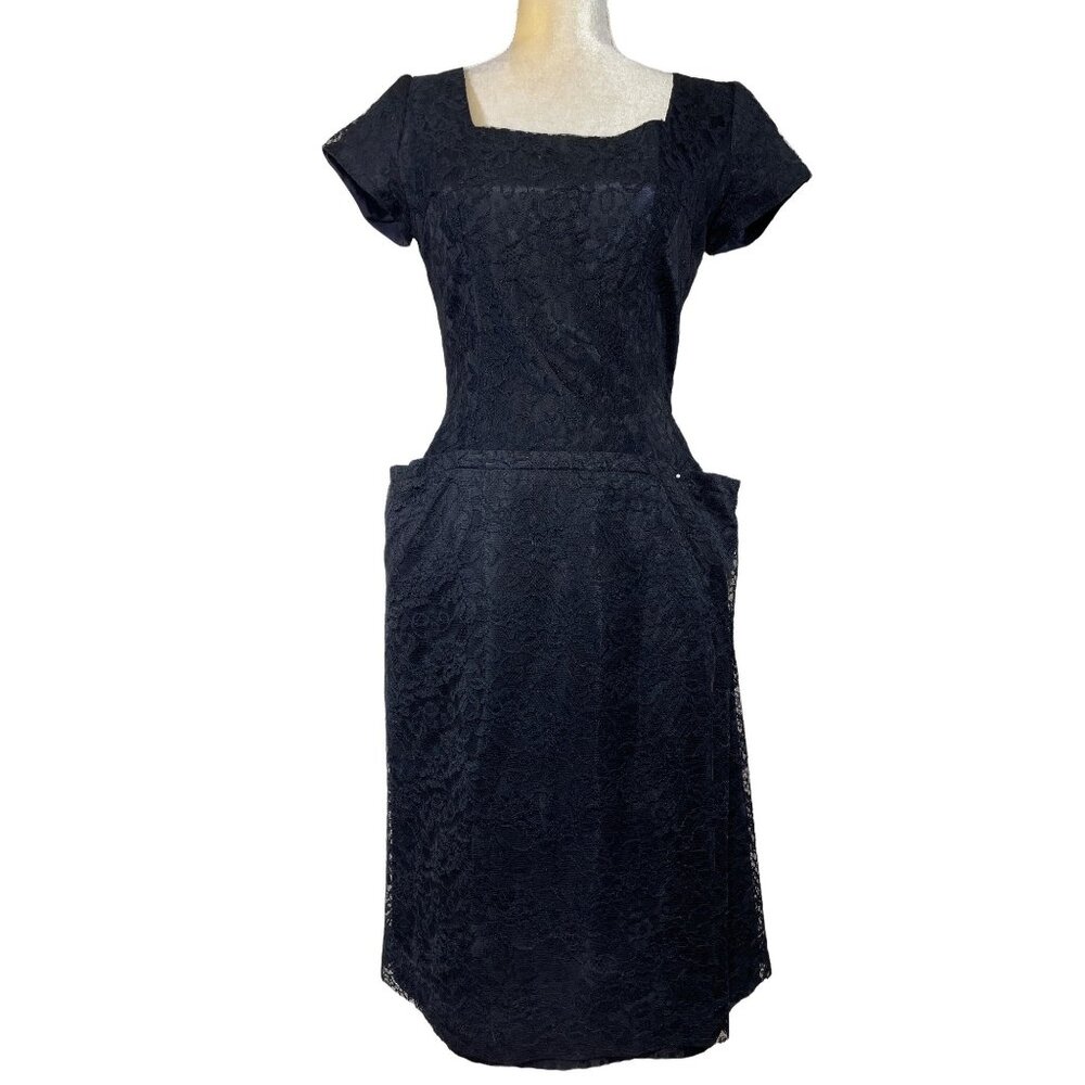 RSPOCKETS!!! 50s Vintage Ferman O'Grady Black Lace Cap Sleeve Party Dress Sz Med